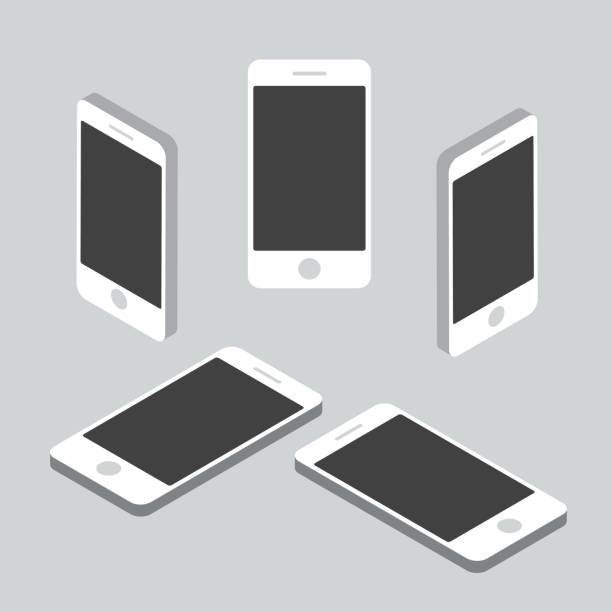 Simple flat isometric phone set Simple flat isometric phone with 5 different views mobile phone illustrations stock illustrations