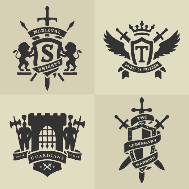 illustrations, cliparts, dessins animés et icônes de ensemble des emblèmes médiévales héraldiques. - animal crests shield