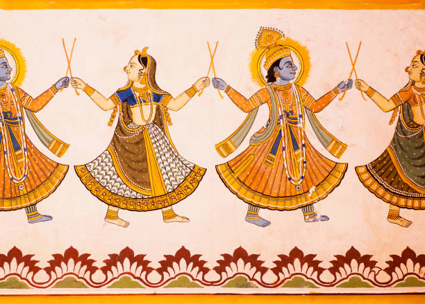 hindu gods dancing on a fresco with colorful paints on carved wall of 19th century house in india. - indian god imagens e fotografias de stock