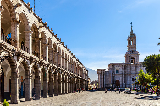 Long arcade with catholic cathedral, Central square of Arequipa, Peru