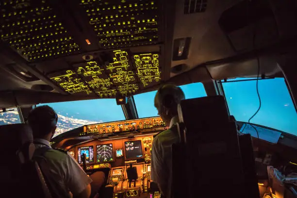 Two pilots at work during departure of Dallas Fort Worth Airport in United States of America. The view from the flight deck piont of view with high workload the beginning night through the wind shield