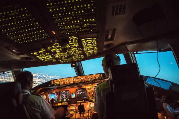Two pilots at work during departure of Dallas Fort Worth Airport in United States of America. The view from the flight deck piont of view with high workload and beginning night through the wind shield