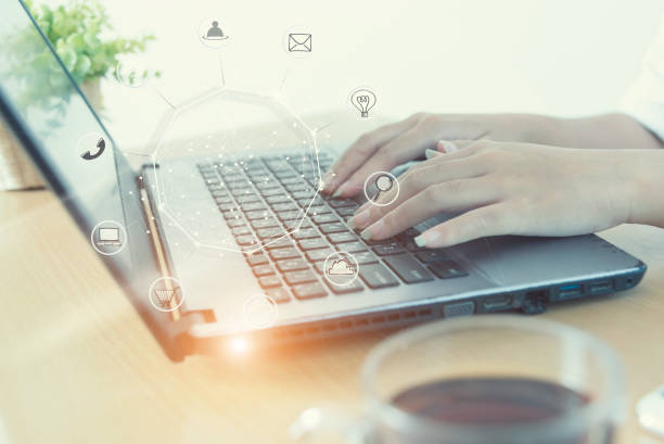 istock Young people using computer payments online shopping and icon customer network connection on screen. 666300716