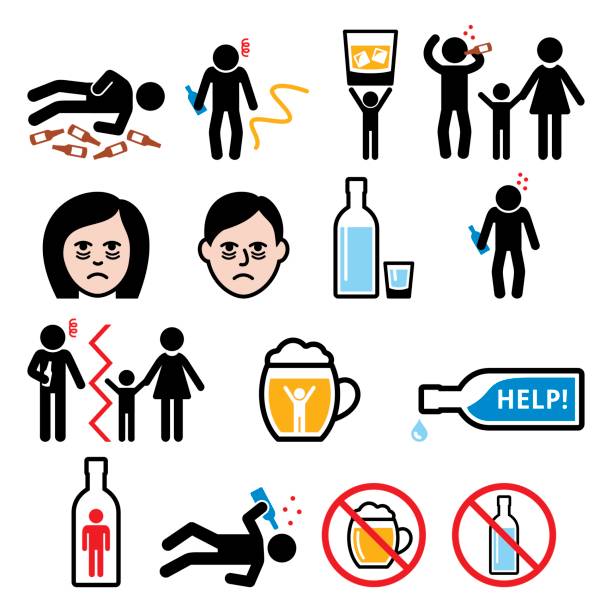 Alcoholism, drunk man, alcohol addiction icons Vector icons set - people having problem with drinking, alcohol abuse alcoholism stock illustrations