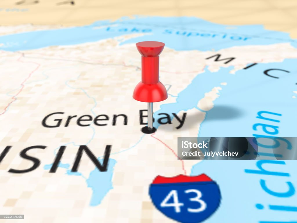 Pushpin on Green bay map Pushpin on Green bay map background. 3d illustration. Green Bay stock illustration