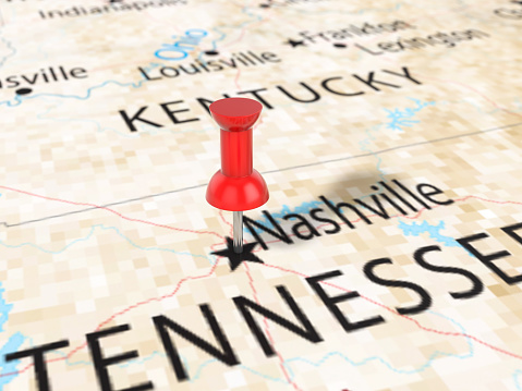 Pushpin on Nashville map background. 3d illustration.