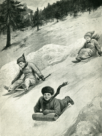 Three warmly-clothed Victorian children racing each other down a steep hill on various types of sledge. From “Sunday Reading for the Young”, published in 1895 by Wells Gardner, Darton & Co, London. With articles and poems by various authors and illustrations by various artists.