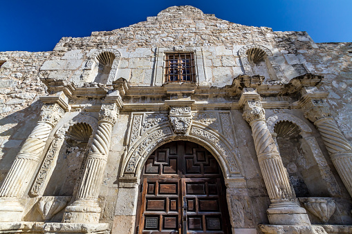 Unusual Perspective of the Historic Spanish Mission and Texas Fort, The Alamo, San Antonio, Texas.