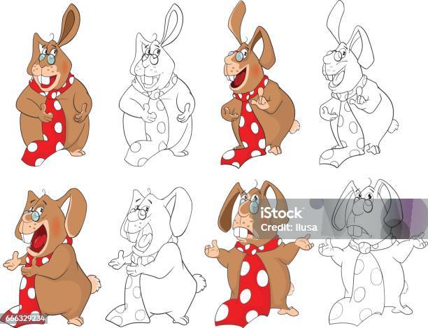 Illustration Set Of Cute Rabbits Cartoon Character Coloring Book Stock Illustration - Download Image Now