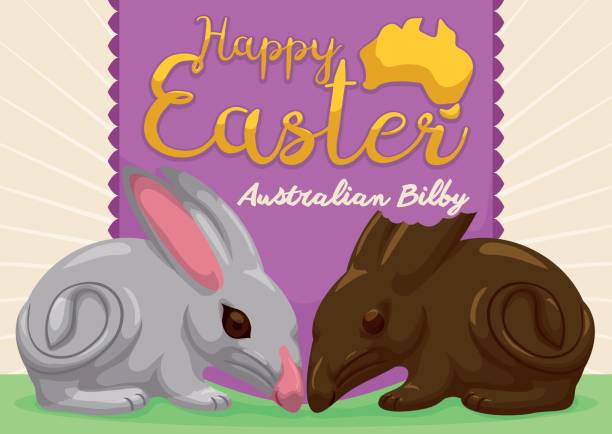 ilustrações, clipart, desenhos animados e ícones de lindo par de bilbies, um de chocolate para a páscoa australiana - bilby