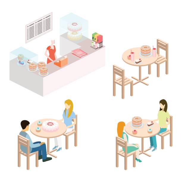 菓子屋の等尺性のインテリア。テーブルに座る人と食べる。 - isometric people cafe coffee shop点のイラスト素材／クリップアート素材／マンガ素材／アイコン素材