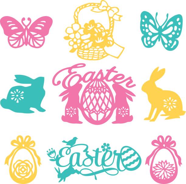 Vintage Paper Cut Silhouette Easter Filligree Set A vector illustration of 9 assorted vintage paper cut silhouette easter filigree set like easter phrases, easter eggs, easter animals, flowers and other spring theme filigree. filligree stock illustrations