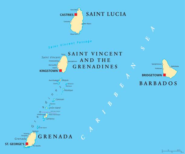 Barbados, Grenada, Saint Lucia and Saint Vincent political map Barbados, Grenada, Saint Lucia, Saint Vincent and the Grenadines political map. Island countries in the Caribbean, part of Lesser Antilles and Windward Islands. Illustration. English labeling. Vector. saint vincent and the grenadines stock illustrations