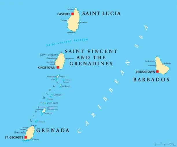 Vector illustration of Barbados, Grenada, Saint Lucia and Saint Vincent political map