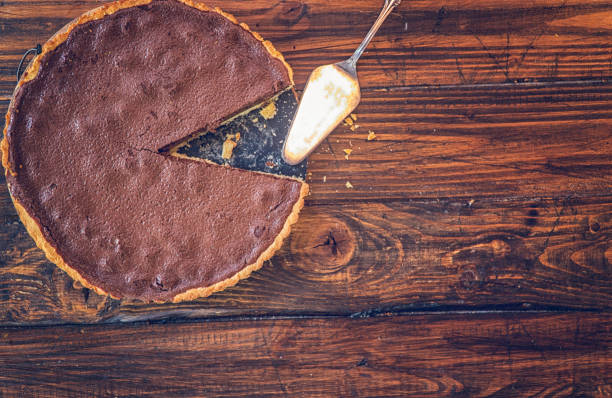 A piece of Chocolate Tart served on a plate.