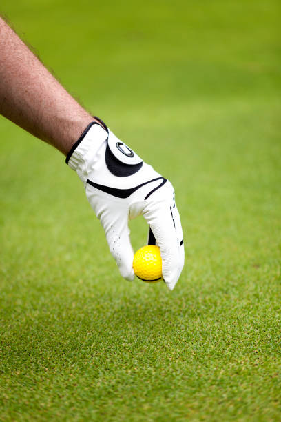 istock Man's hand in a white glove putting a golf ball in a golf course 666367006