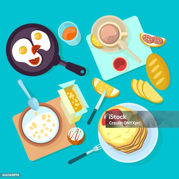 Fresh Healthy Breakfast Food And Drinks Top View Isolated On Blue Backgraund Stock Illustration - Download Image Now