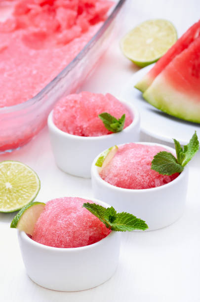 istock Watermelon sorbet decorated with mint 666370222