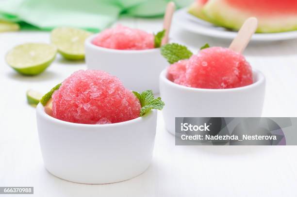 Watermelon Sorbet Decorated With Mint Stock Photo - Download Image Now - Sorbet, Watermelon, Ice Cream