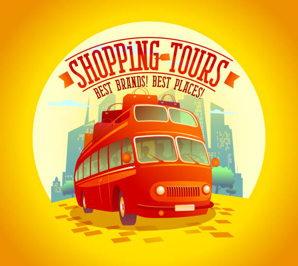 Best shopping tours design with riding double-decker bus and many paper bags on it Best shopping tours design with riding double-decker bus and many paper bags on it, against sunset city background, fashion tourism bus illustrations stock illustrations