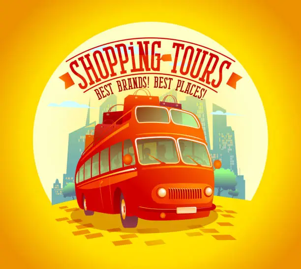 Vector illustration of Best shopping tours design with riding double-decker bus and many paper bags on it