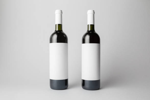 istock Two wine bottles are standing on gray background 666378850