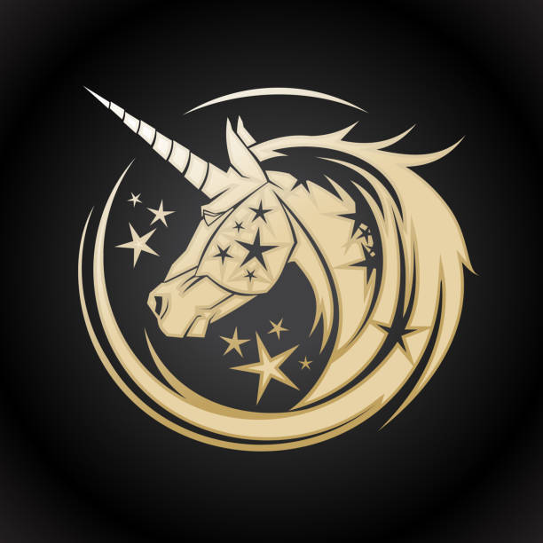 Golden unicorn head symbol Golden unicorn head circle symbol with stars unicorn logo stock illustrations