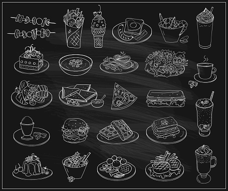 Hand drawn line graphic illustration of assorted food, desserts and drinks, many vegetarian entrees. Vector symbols set on a chalkboard background