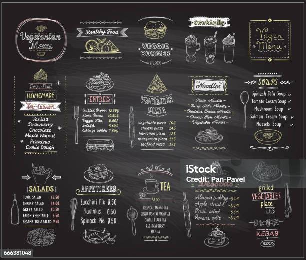 Vegetarian And Vegan Food Chalkboard Design Set Stock Illustration - Download Image Now - Menu, Chalkboard - Visual Aid, Ice Cream