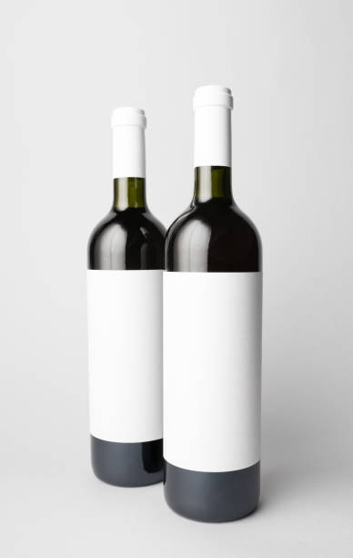 istock Two wine bottles are standing on gray background 666381548