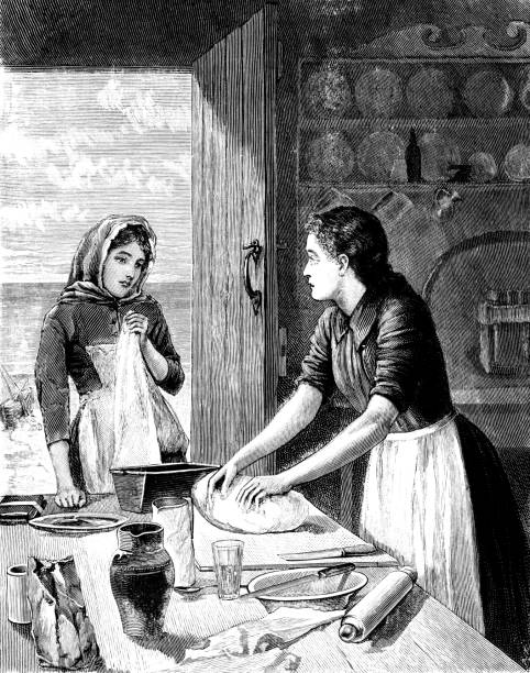 wiktoriańska kobieta ugniatając ciasto - engraving women engraved image british culture stock illustrations