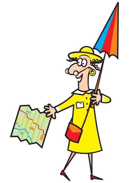 lady and umbrella, guide Lady and umbrella and map. Tourist guide. Vector icon. Funny illustration. voyager 1 stock illustrations