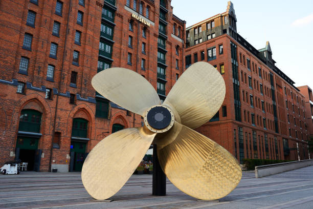 Speicherstadt, historical center of Hamburg. Big propeller stock photo