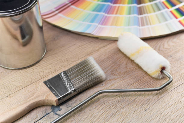 Paint bucket Paint bucket with paint brush, roller, palette color and paint can drawing of a cylinder shape stock pictures, royalty-free photos & images