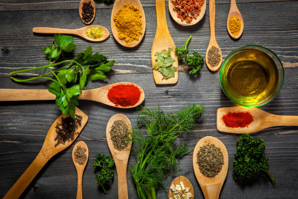 istock Various spice on wooden spoons with herbs 666393674