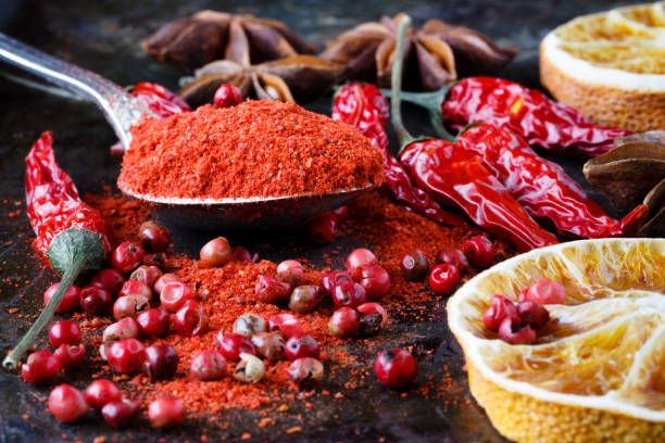 istock Group of mix spices with paprika on dark stone 666394552