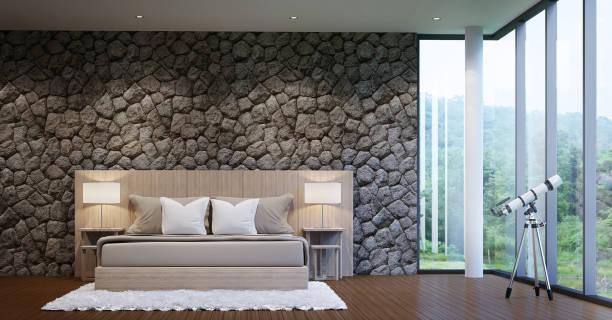 istock Modern luxury bedroom decorate walls with nature stone 666395020