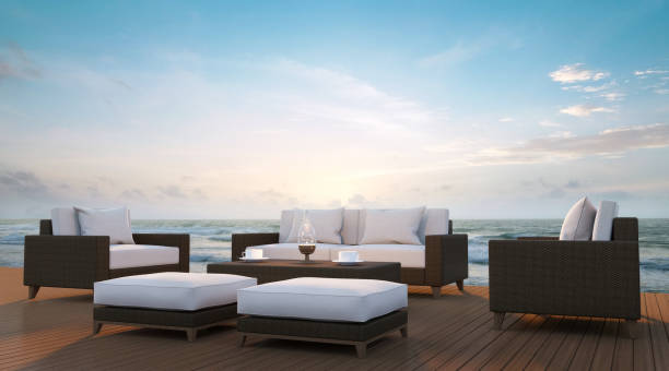 istock Sea side terrace and living area 3d rendering image 666395034
