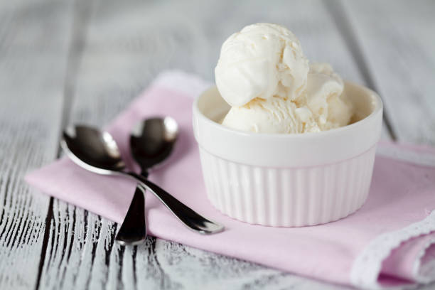 istock scoops of vanilla ice cream on a plate 666395298