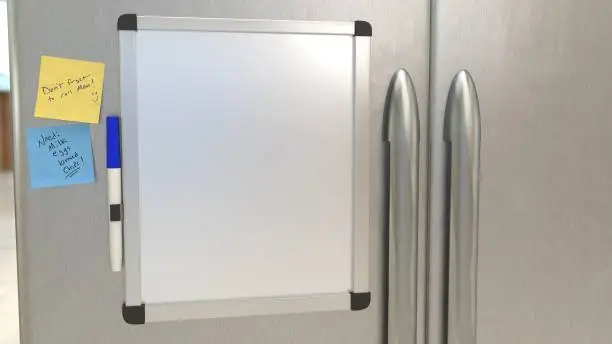 A blank dry erase board on a stainless steel refrigerator.