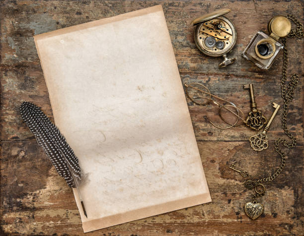 istock Used paper sheet vintage writing tools wooden background 666398242