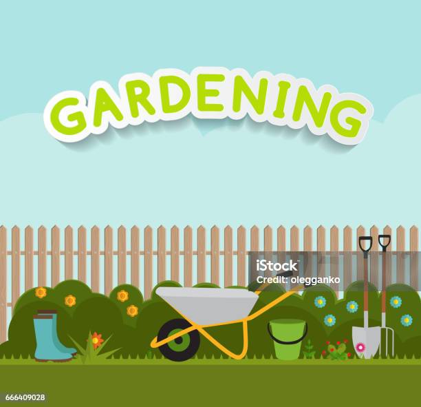 Gardening Flat Background Vector Illustration Garden Tools Tre Stock Illustration - Download Image Now