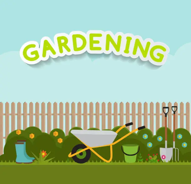 Vector illustration of Gardening Flat Background Vector Illustration. Garden Tools, Tre
