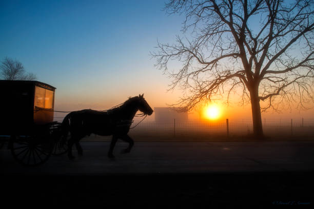 istock Amish Buggy Passes Rural Building and the Rising Sun 666473526