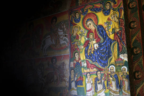 Biblical mural LALIBELA, ETHIOPIA - 28 AUGUST 2007 - A painting inside a rock hewn church. UNESCO have now taken over responsibilities of all Lalibela churches so its arts and artifacts are safe for centuries to come. the church of saint george lalibela ethiopia stock pictures, royalty-free photos & images