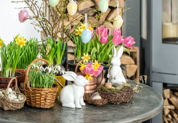 istock Easter decoration flowers eggs Festive home interior 666476384