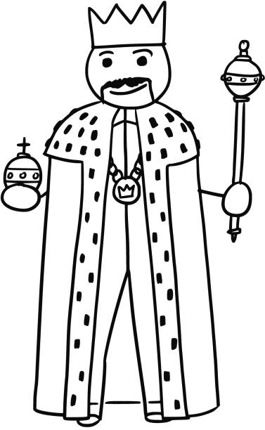 Vector Stickman Cartoon of King Posing with Crown, Sceptre and royal apple Cartoon vector stickman medieval king is posing in robe gown with royal crown, scepter and apple sceptre stock illustrations