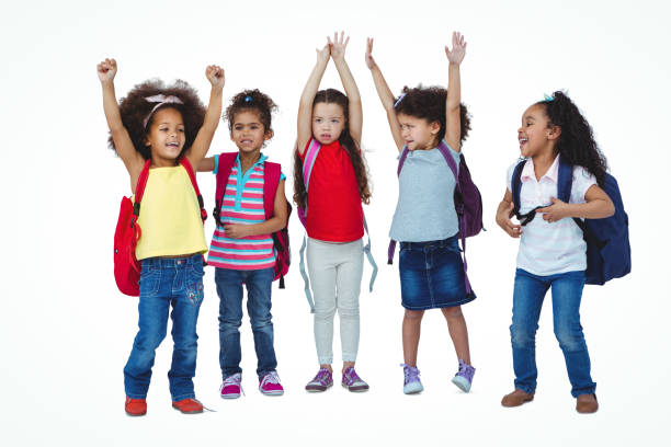 istock Cute girls raising hands up 666480270