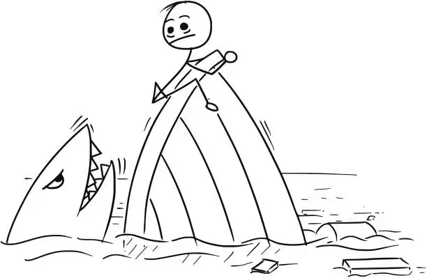 Vector illustration of Vector Stick Man Cartoon of Man Holding on the Shipwreck with Shark Around