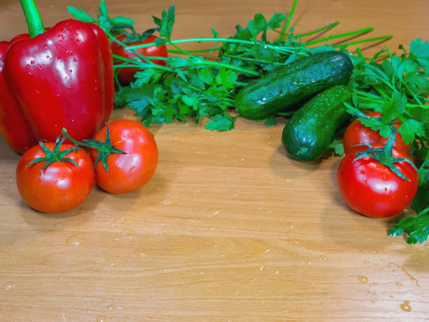 istock Fresh healthy vegetables and herbs on table 666481192